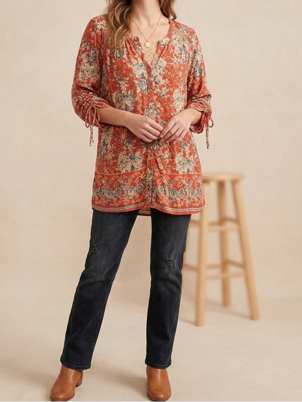 🔥$10 FINAL PRICE🔥 Westport Boho Floral Print V-Neck Blouse Ruched 3/4 Sleeve❤️